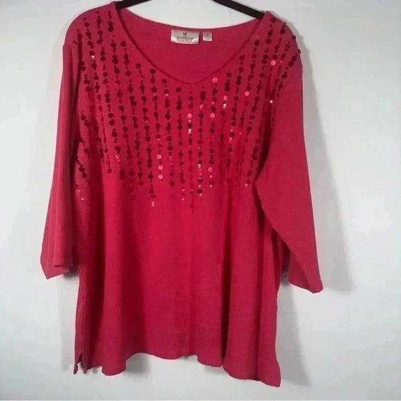 Quacker Factory Pink Ribbed Sequin 3/4 Sleeve Sweater Top Women Size 1X - Picture 8 of 12